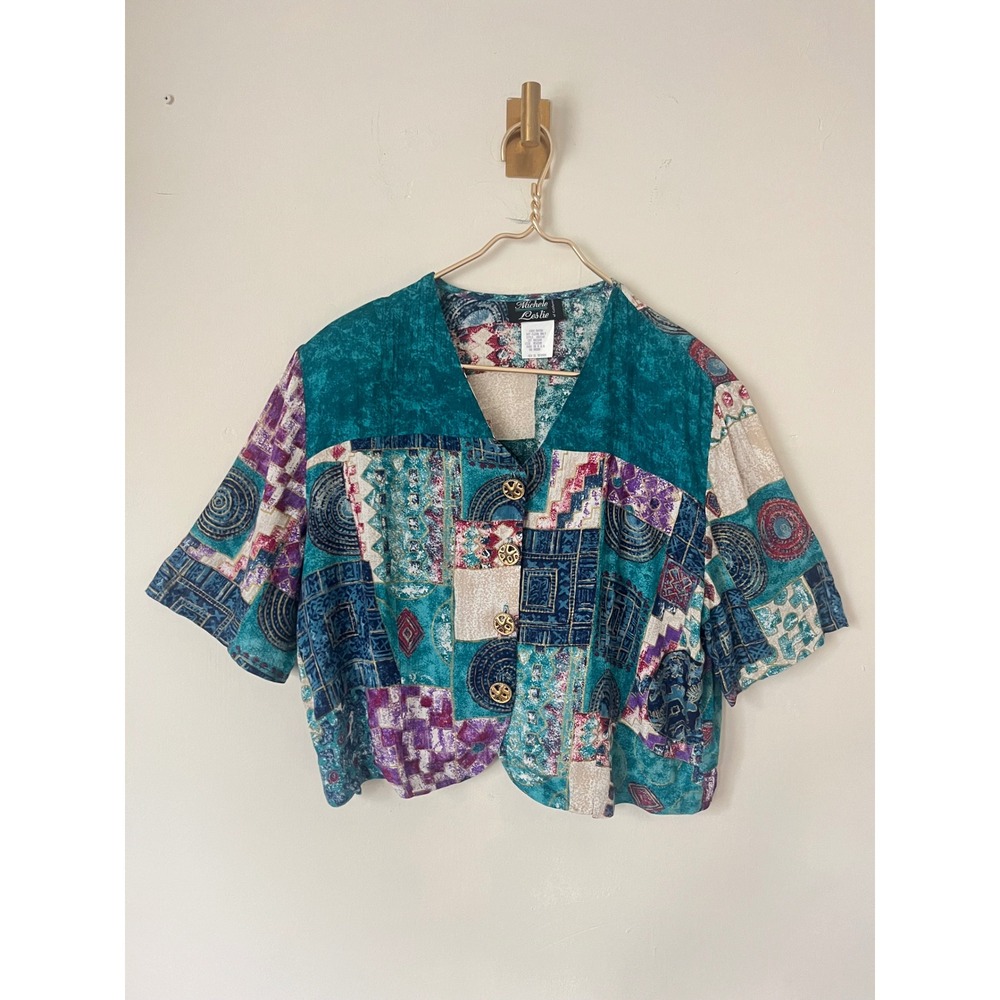 Michele Leslie Vintage Abstract Retro Patchwork Rayon Button Up Blouse Teal M